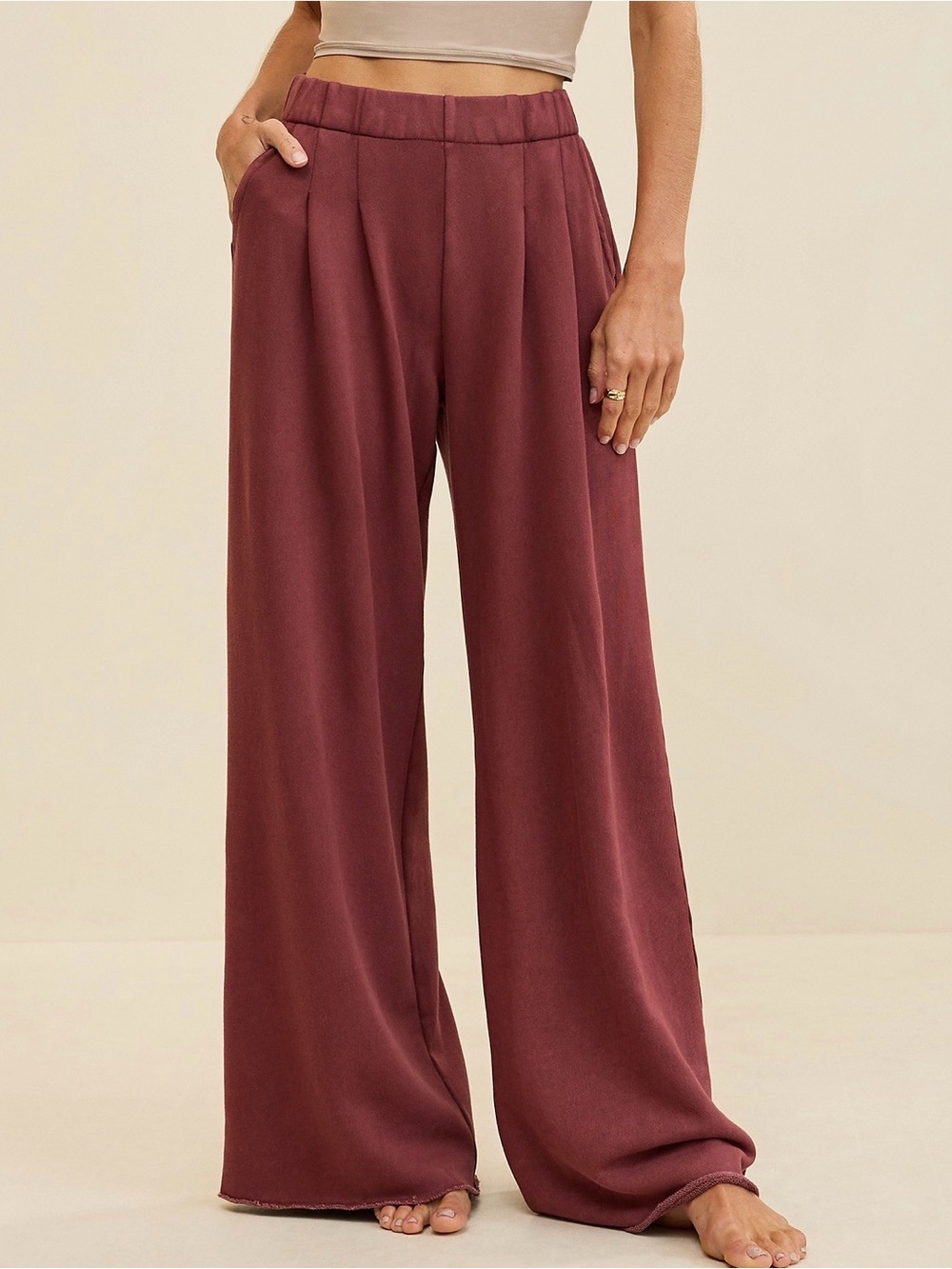 aerie Wide-Leg Knit Trousers in Wine